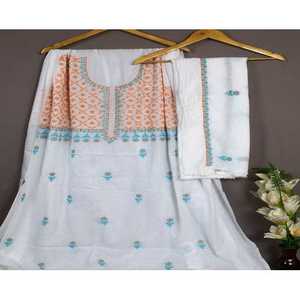 Handmade Women's <b>Chikankari</b> Cotton <b>Suit</b> with Sky Blue and Orange Embroidery Premium Set - Product Image 2