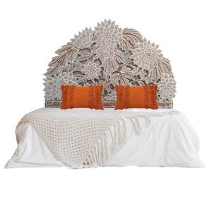 Mid-Century Modern Bed with Floral Carved <b>Headboard</b> Handcrafted Design - Product Image 1