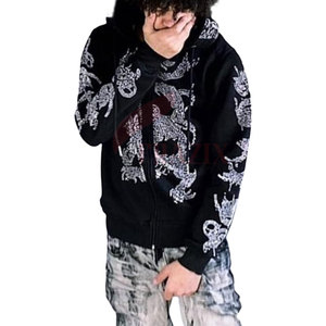 Sweat-shirts à capuche zippés pour hommes, élégants et tendance, en coton 100% confortable, avec strass et épaules tombantes, en stock - Product Image 2