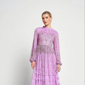 Vestido modesto de fiesta acampanado para mujer con corpiño adornado a mano con cuentas cuello redondo mangas completas Vestido largo de fiesta de noche hasta el suelo - Product Image 1