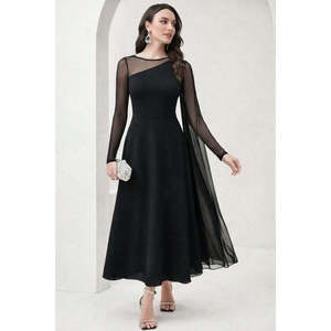 Vestido largo de tul con cuello semi-alto y manga larga para mujer, 33664 - Product Image 1