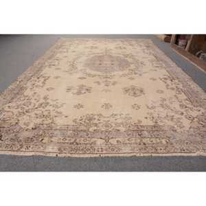 Vintage Turkish Rug 5.8x9.1ft Beige <b>Brown</b> Flat Weave <b>Wool</b> with Patchwork Pattern for Living Room Decorations or Hallway Use - Product Image 2