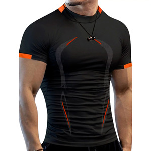 Camiseta Deportiva de Compresión para Hombre, Negra y Naranja, Manga Corta, Secado Rápido, Cuello Redondo, Ajuste Delgado, Transpirable, Ecológica, Precio al por Mayor - Product Image 1