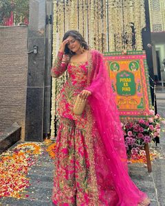 Heavy Embroidery Sequence Work Women Set Chinon <b>Silk</b> Heavy Sequence Embroidery & Print Top and Sharara With Fancy Design Dupatta - Product Image 3