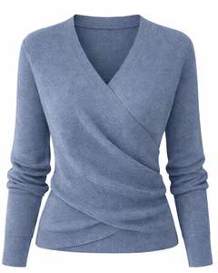 Women Steel Blue Wrap Style Knit Sweater Long Sleeve V Neck Soft Casual Winter Top Elegant <b>Ladies</b> Fashion Pullover Daily Wear - Product Image 1