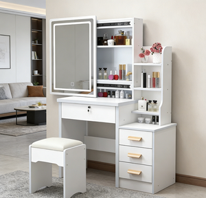 Table de maquillage éclairée par <span class=keywords><strong>LED</strong></span>, anti-poussière, avec rangement, idéale pour appartement et petite chambre – Meilleure vente - Product Image 1