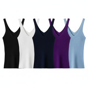 Nuevas mujeres verano transpirable cuello en V Color sólido tejido chaleco Sexy camiseta sin mangas Spandex/poliéster estilo dulce Casual - Product Image 2