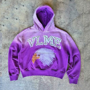 Sudadera con capucha para hombre, jersey de moda vintage lavado ácido desteñido por el sol pintado con cuentas de diamantes de imitación y logotipo personalizado - Product Image 1