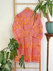 Otoño Invierno Navidad Kimono Coverup Algodón puro Melocotón Rosa Naranja Caléndula Estampado floral Hasta el suelo Casa Robe Natural - Product Image 5