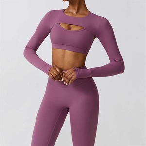 Haute qualité femmes vêtements de Fitness soutien-gorge bout à bout Leggings manches respirant Spandex Yoga ensemble avec taille élastique trois pièces ensemble - Product Image 3