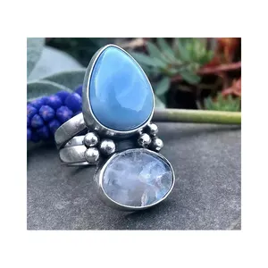 Larimar des Caraïbes et pierre de lune pierre précieuse naturelle 925 bague en argent massif bijoux de déclaration pour femmes et filles