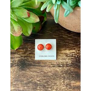 Navajo 18K Gold Ball Pattern Earrings Red Spiny Oys & Diamond Bezel Set <b>Studs</b> 18K Gold Plated Jewelry - Product Image 1