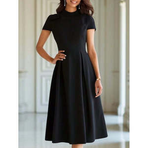 Vestido Midi de Crepé Brillante con Cuello Alto y Pliegues de Manga Corta para Mujer, Estilo Elegante para Uso Diario y Oficina, de Jane's - Product Image 3