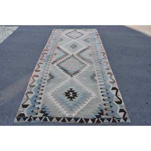 Tapis Kilim bleu noir 5.3 X 11.8ft tissage plat tapis de laine turque pour salon Rectangle couloir motif peluche Pile Latex - Product Image 1