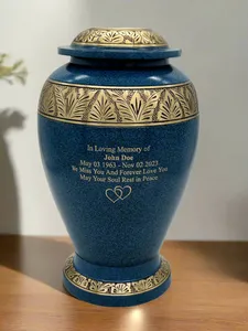 Bleu avec garniture de feuille d'or urne de crémation en laiton massif pour les cendres capuchon fileté urnes commémoratives de taille adulte - Product Image 2