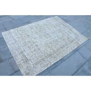 Vintage Rug, 4.3x6.1 ft Area Rug, <b>Brown</b> White <b>Wool</b> Rug - Product Image 3