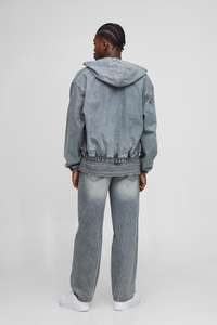 Bas court pour hommes avec capuche deux couleurs délavées fermeture éclair UP épaule tombante veste en jean décontracté beau manches longues - Product Image 3