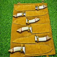 Set pisau koki dapur bilah baja karbon, alat BBQ buatan tangan, tas rol kulit Guling baja karbon, pisau tren