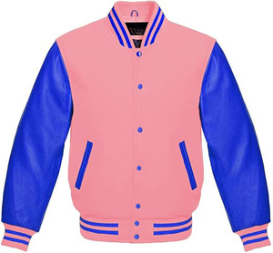 Manchons en cuir véritable avec rayure bleue Véritable bébé rose laine Souvenir Type Custom CollegeBaseballjacket pour hommes DDP Shipping - Product Image 1