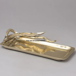 Plateau de service élégant en bois avec poignées décoratives en forme de feuille en métal, parfait pour les collations, élégant et durable, idéal pour cadeau de décoration de table - Product Image 5