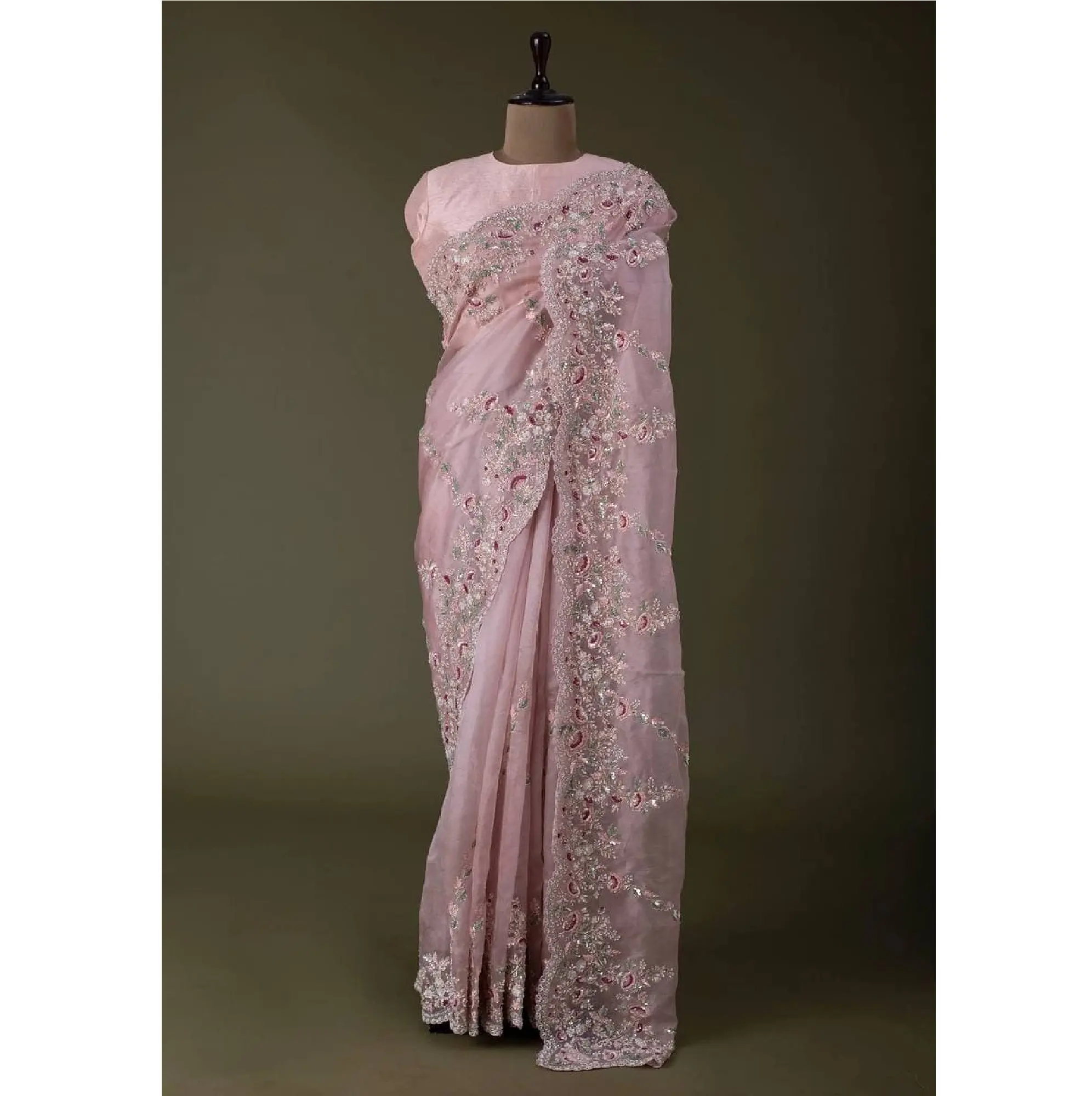 Organza Silk Saree With Thread Zari Coding Sequins Work With Silk Blouse Piece Pure Organza Sarees For Women Wedding Party Wear