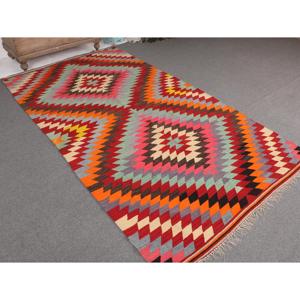 Grand tapis turc, tapis vintage 4,9x8,8 pieds, tapis en laine à bordure rouge - Product Image 1