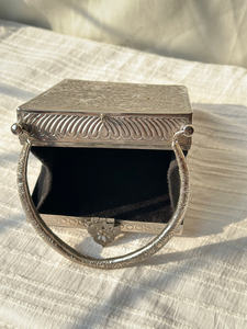 Vertical <b>Silver</b> Metal Box Handbag with Arched Handle Engraved Surface Luxury Womens Evening Wedding Carry <b>Purse</b> Export gift her - Product Image 5