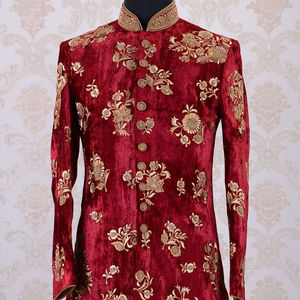 2022 belle robe Sherwani broderie lourde velours tissu grande taille pantalon respirant élégant pour les fêtes mariages comprend - Product Image 1