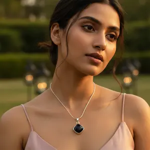 Pendentif pour femme en argent 925 plaqué or blanc, onyx noir taille coussin, tendance, avec zircon turquoise, opale, moissanite, diamant, perle - Product Image 1