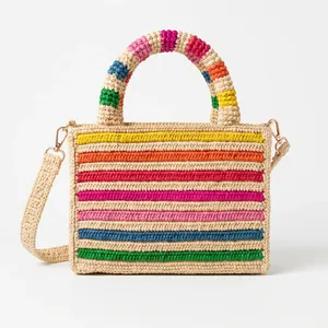 Sac fourre-tout en raphia rayé coloré, grande capacité, sac à main tissé, sac à bandoulière pour la plage et les voyages - Product Image 3