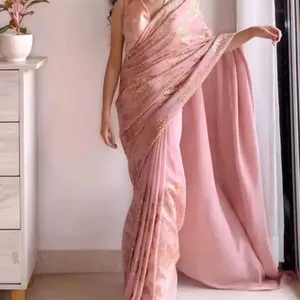 FULPARI婚礼印度妇女穿蕾丝边框印花纱丽衬衫民族服装最新印度女士便宜低价纱丽