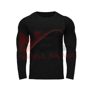 Zwarte Hals Lange Mouw Mesh Polyester Sneldrogende Workout Gym Atletische T-Shirt Mannen,