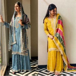 Nouveau Designer Heavy Faux Georgette Sharara Suit Set Avec Haut Brodé et Dupatta pour les Occasions de Mariage Ethnique Festif - Product Image 1