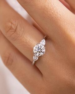 10mm Cut Diamond Engagement Ring | Three <b>Stone</b> Pear Side Stones Bridal Wedding | Sterling Silver 18K Gold Plated Minimalist Ring - Product Image 3