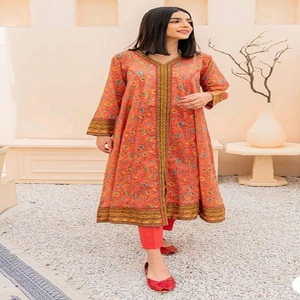 Wholesale Women's Indian Pakistani Style 3-Piece Stitched Linen Salwar Kameez in Yellow V-Neck Shirt Embossed Printed Trouser - Product Image 4