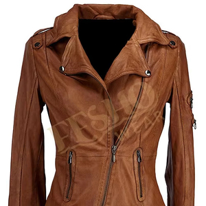 Chaqueta de moto de cuero coñac genuino para mujer, ajustada, impermeable, a prueba de viento, transpirable, con estilo, Mangas desmontables - Product Image 1