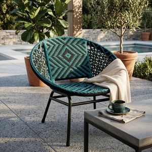 Fauteuil d'appoint d'extérieur tressé bleu sarcelle avec structure en métal noir, chaise de salle à manger en corde géométrique, chaise longue de patio, décoration artistique - Product Image 4