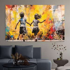 Affiche sur toile Street Art Enfants en Course, Décoration murale imprimée Graffiti Urbain, ART SUR VERRE TÉRMÉTRIFIÉ - Product Image 1