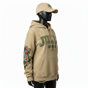 Sudadera con capucha de forro polar de 320 g/m² para mujer, cómoda mezcla de algodón, beige, con bordado floral en las mangas, logotipo personalizado, sudaderas básicas para mujer - Product Image 4