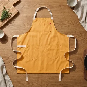 Bib Sleeveless <b>Apron</b> Canvas Yellow Simple Style with Pockets Machine Washable Water Resistant for Cooking Daily Use - Product Image 1