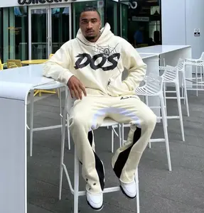 Chándal de algodón con capucha para hombre, conjunto de pantalones de chándal con logotipo personalizado, forro polar de dos piezas, Sudadera con capucha, pantalones acampanados - Product Image 3