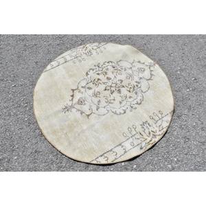 Tapis en Laine Turque Beige Marron Vintage de 3.3X3.4 pieds Fait à la Main Classique Patchwork Design Salle à Manger Pile Moyenne Latex Écologique - Product Image 3