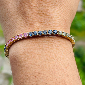 สร้อยข้อมือเทนนิสทองคำแท้ 14K ประดับด้วยไพลินหลากสีธรรมชาติ เครื่องประดับชั้นดี ของขวัญคริสเตียน หรูหราสำหรับผู้หญิง - Product Image 4