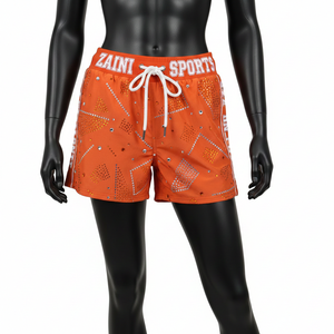 Pantalones Cortos de Natación de Lujo de Nailon 180GSM con Pedrería Naranja Hotfix, Cintura Jacquard Personalizada y Paneles Laterales con Rayas - Product Image 1