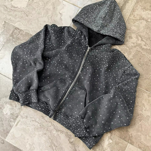 Vente en gros de haute qualité Logo personnalisé Impression Acid Wash Sweat à capuche zippé Sun Faded Vintage Hoodies Rhinestone Hoodie pour hommes - Product Image 5