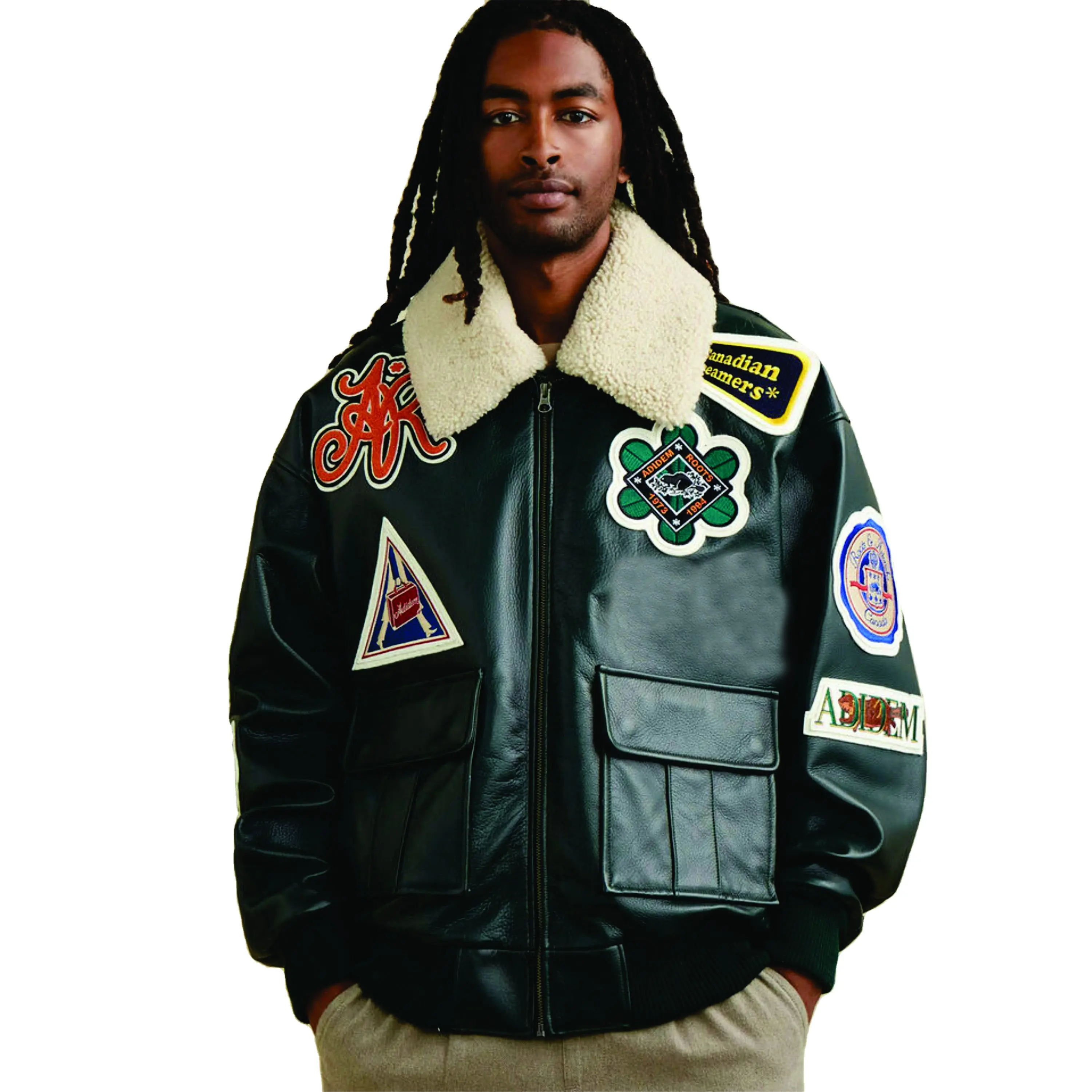 Custom Manufacture 100% Genuine Leather Oversized Fit Chenille Patches Adidem Asterisks Bomber Jacket