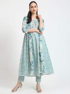 ชุด anarkali Palazzo สำหรับผู้หญิงพิมพ์ลายดอกไม้สีฟ้าและสีขาวแขน3/4สำหรับเด็กผู้หญิง - Product Image 3