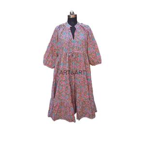 เดรสทรงเอไลน์ลายดอกไม้ผสมผสานสไตล์วินเทจ ผ้าถัก แขนพอง ระบายอากาศได้ดี เป็นมิตรกับสิ่งแวดล้อม 100% - Product Image 1