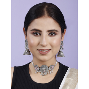 GS Peacock <b>Choker</b> with Pink Flowers Alloy Party Jewelry - Product Image 2