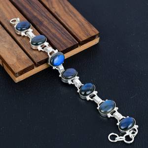 Bracelet en pierres précieuses Labradorite feu bleu fait à la main en argent 925 bijoux naturels réglables cadeau de fête de mariage élégant pour chrétien - Product Image 1